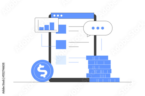 Analyzing finances, savings, creating budget and filling financial checklist on digital device. Financial management concept. Flat Cartoon Vector Illustration, icon. Stylish abstract