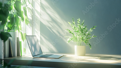 sleek desk with laptop and vibrant plant in sunlit room