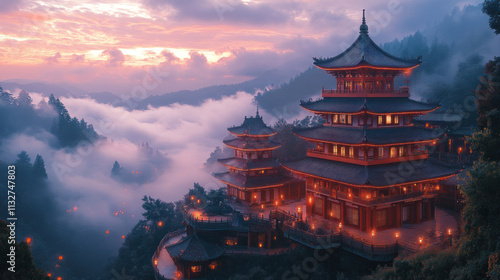 A serene temple on a hilltop, surrounded by clouds and glowing lanterns at twilight photo