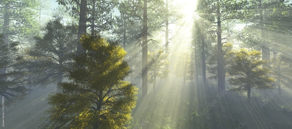 Obraz premium Forest in the morning in a fog in the sun, trees in a haze of light, glowing fog among the trees, 3D rendering