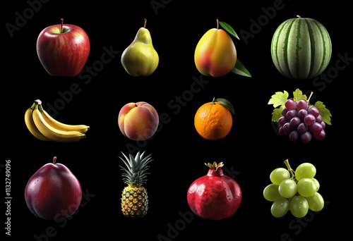 set of different fruits on black isolated background