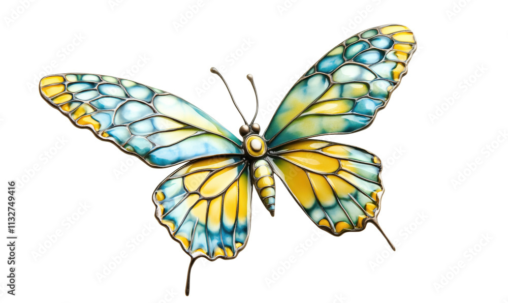 Obraz premium Stained glass butterfly art piece, vibrant blue and yellow colors, intricate design, decorative wall hanging, isolated on transparent background, png