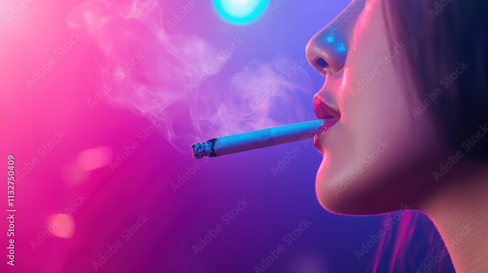 Fototapeta premium Mysterious young woman smoking cigarette in dim light, creating intriguing atmosphere