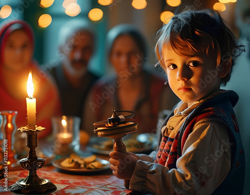 Child Holding a Dreidel Beside a Lit Menorah with a Festive Family Background photo