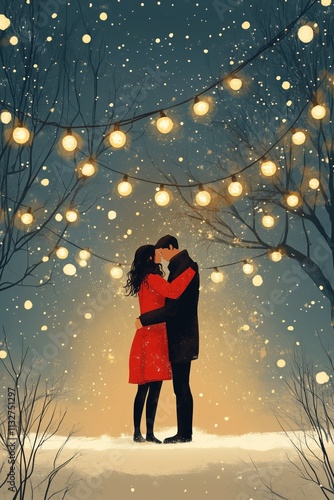 Illustration of a couple holding each other and kissing under lights under snow