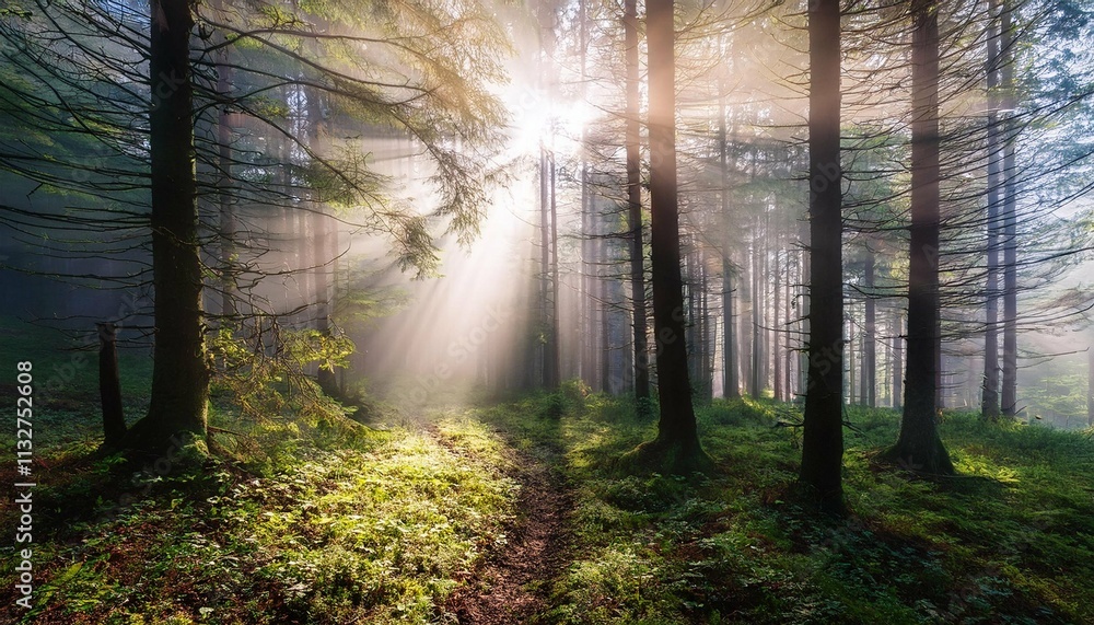 Obraz premium surreal forest with fog and sun rays