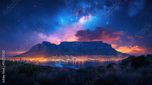 Table Mountain captured at night, with Cape Town city lights sparkling below