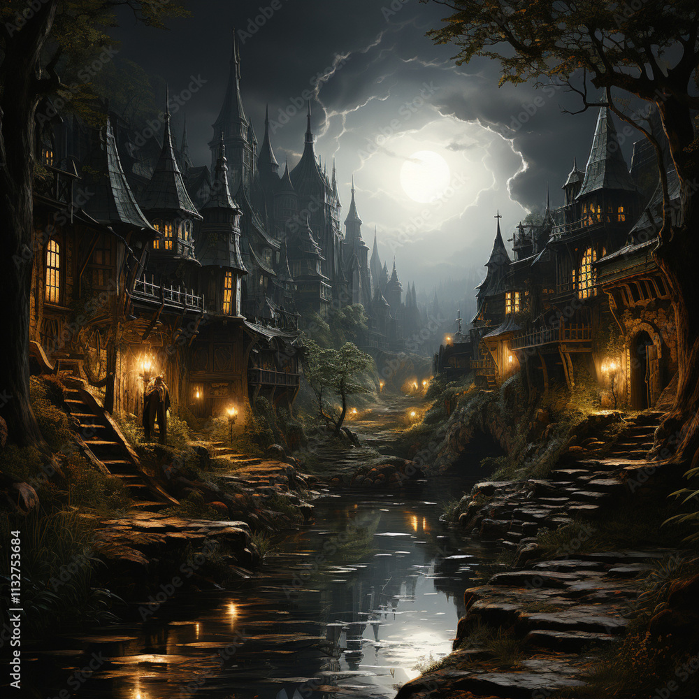 Fototapeta premium fairytale castle and houses in the night light,