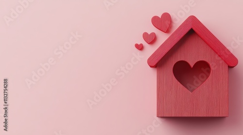 Red wooden house with a heart-shaped cutout on a pink background, a real estate concept. photo