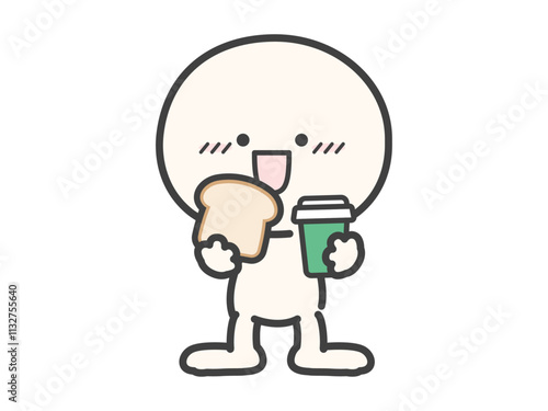 パンとコーヒーで朝食を食べるシンプルでかわいい人物のベクターイラスト素材01