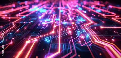 A neon circuit board with glowing pathways and bright, pulsating nodes, creating a visually striking and futuristic image.