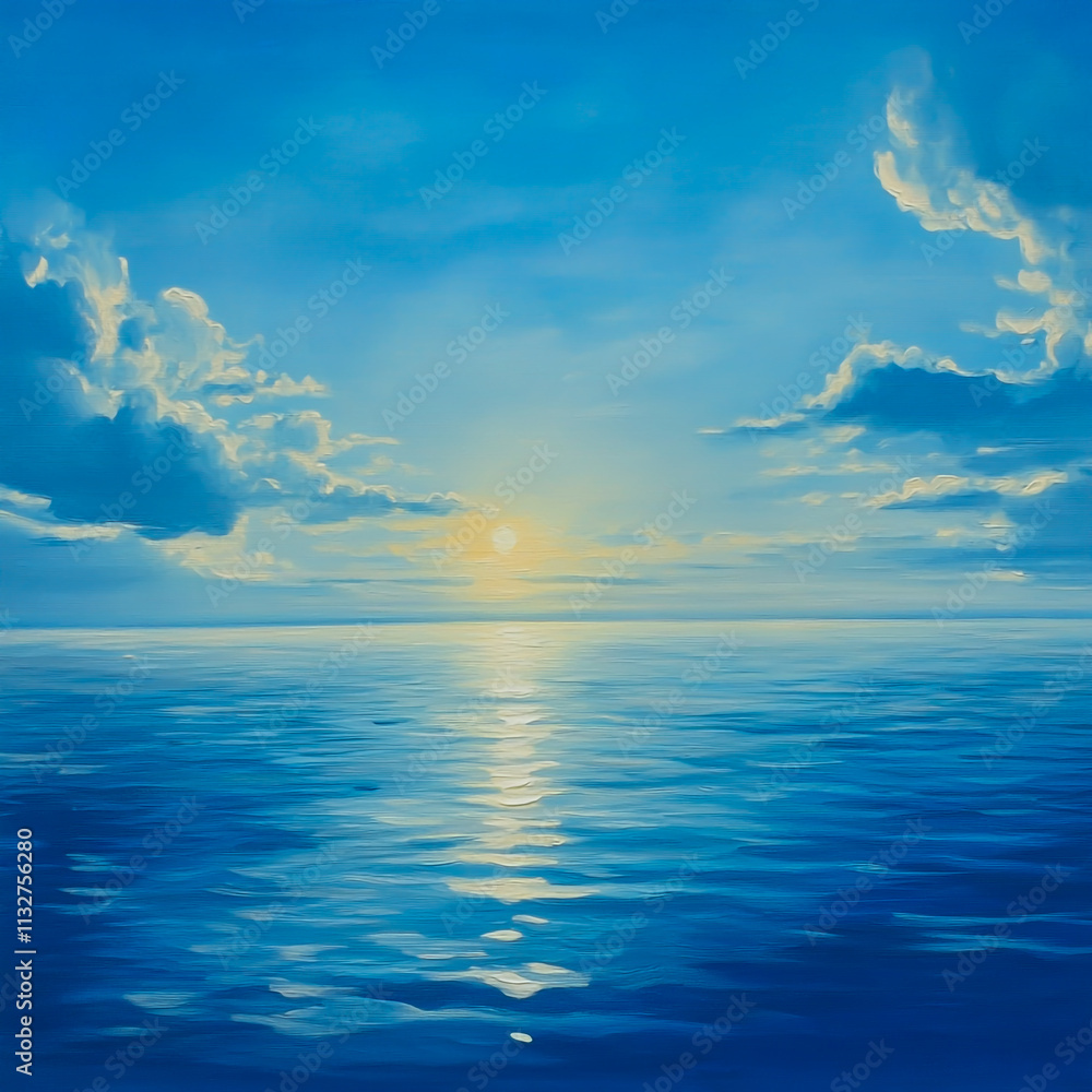Fototapeta premium A serene horizon reflected in clear blue skies, sunny weather and smooth, peaceful waters above calm seas.