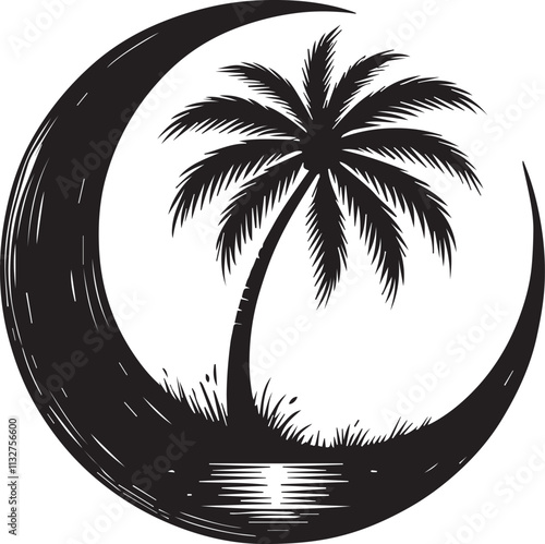 A solitary palm tree with a slightly leaning trunk silhouetted against a crescent moon vector silhouette