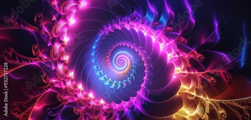 A neon fractal spiral with vibrant, glowing colors radiating outward, creating a hypnotic and captivating visual effect.