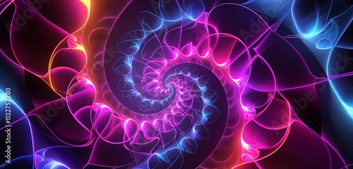 A neon fractal spiral with vibrant, glowing colors radiating outward, creating a hypnotic and captivating visual effect.