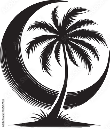 A solitary palm tree with a slightly leaning trunk silhouetted against a crescent moon vector silhouette