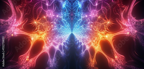 A neon-bright abstract design with intricate, glowing patterns and intense colors, creating a visually striking and energetic image.