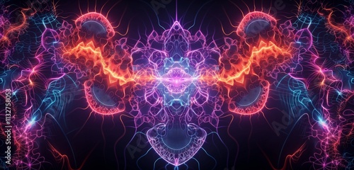 A neon-bright abstract design with intricate, glowing patterns and intense colors, creating a visually striking and energetic image.