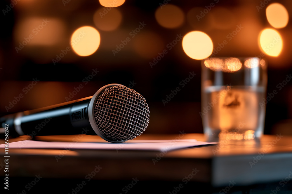 Obraz premium Awaiting Voices: Microphone poised on stage, ready for the next speaker. Warm lighting enhances the anticipation.