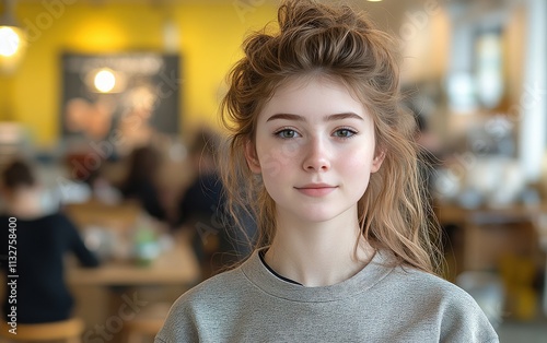 Wallpaper Mural A woman with a hooded sweatshirt on and a smile on her face in a blurred background Torontodigital.ca