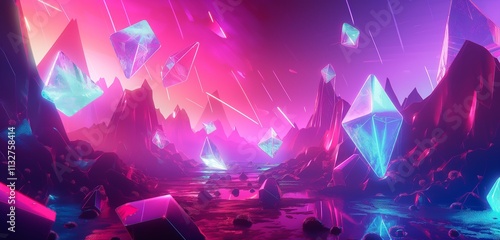 A neon-bright geometric landscape with floating shapes and intense, glowing colors, creating a surreal and futuristic visual.