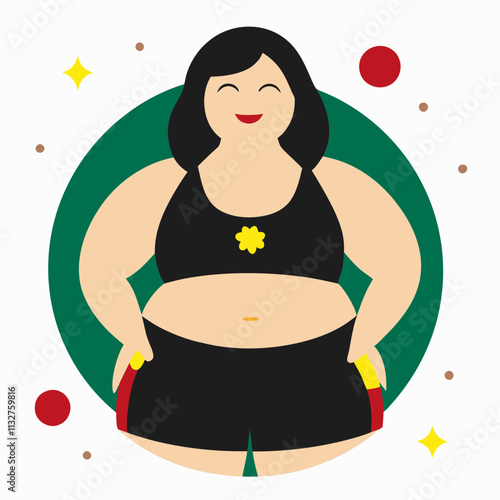 A confident woman in a black tracksuit shows a positive attitude towards her body.Vector flat colour illustration with playful figures conveying energy and joy.