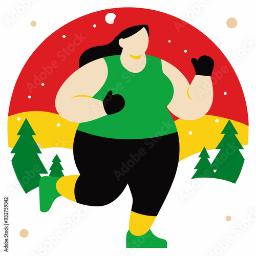 A plus-size woman jogging outdoors against the backdrop of nature, promoting body positivity, health and fitness.Vector color flat illustration for websites and blogs about sports and healthy lifestyl