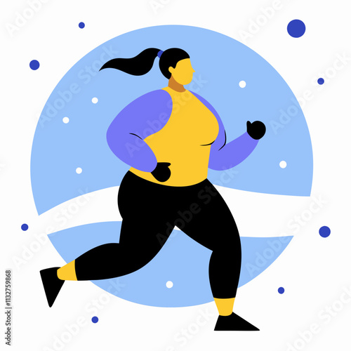 A plus-size woman jogging outdoors against the backdrop of nature, promoting body positivity, health and fitness.Vector color flat illustration for websites and blogs about sports and healthy lifestyl