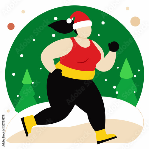 A plus-size woman jogging outdoors against the backdrop of nature, promoting body positivity, health and fitness.Vector color flat illustration for websites and blogs about sports and healthy lifestyl