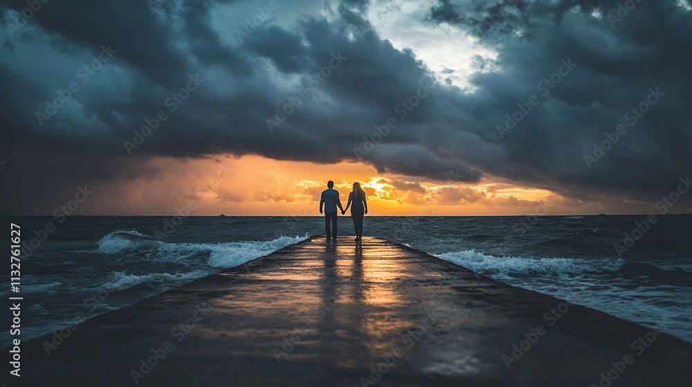 Fototapeta premium Couple Holding Hands Walking Towards Sunset Ocean