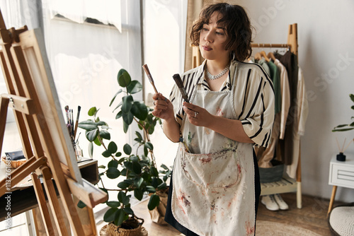 Photos Curly-haired artist passionately creates a beautiful artwork in her stylish apartment