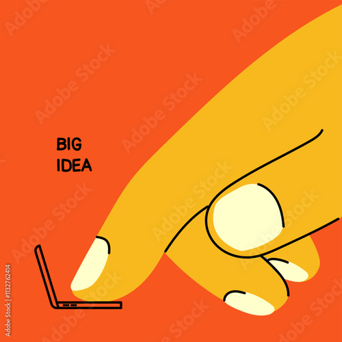 Big idea concept illustration. Giant hands with tiny laptop. Communication, mailing, chatting, social media addiction concept. Hand drawn trendy Vector illustration in cartoon style.
