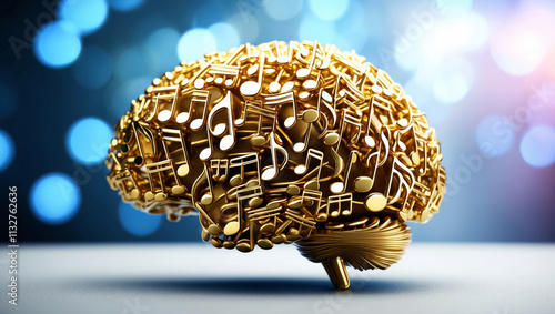 Golden brain sculpture adorned with musical notes evokes creativity and inspiration in a whimsical setting
