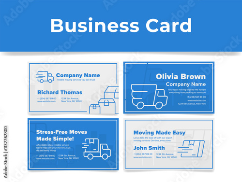 Moving service business card design template with line elements set vector flat illustration