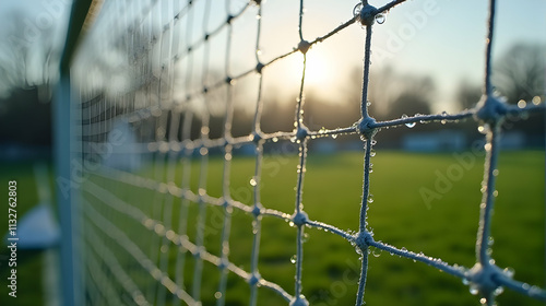 Sunrise glistens on a frosty soccer goal net, dew drops clinging to the mesh, a vibrant green field blurred in the background.  A peaceful pre-game moment.