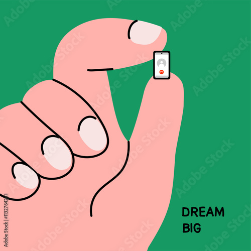 Big idea concept illustration. Giant hands with tiny phone. Communication, mailing, chatting, social media addiction concept. Hand drawn trendy Vector illustration in cartoon style.
