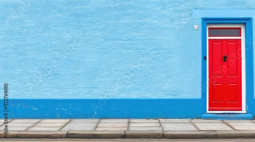 Bright Blue Wall with a Vibrant Red Door photo