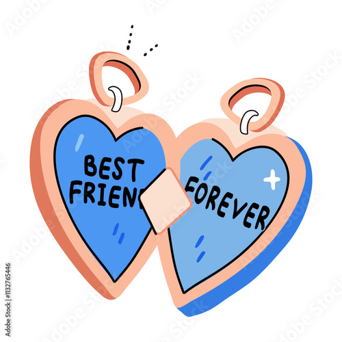A flat sticker of two heart lockets with best friend forever text 