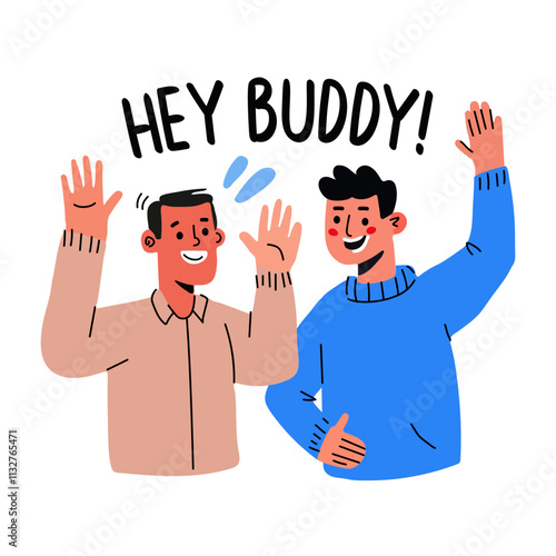 Flat sticker of two friends waving hello and saying hey buddy