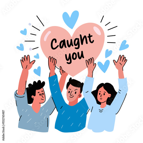 Flat sticker of a group of friends smiling and holding up a heart with the text caught you