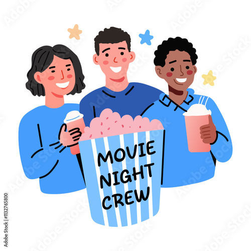 A flat sticker of a group of friends with movie night crew typography 