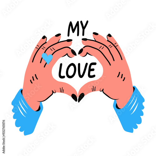 A flat sticker of two hands forming a heart shape, with the word love in the middle