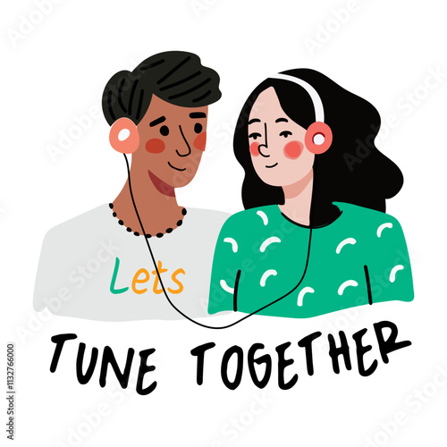 Flat sticker of a couple listening music with tune together typography