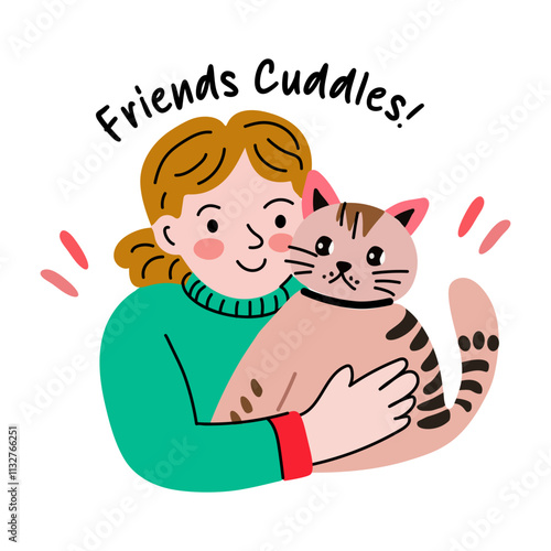 A flat sticker of a person cuddling a cat, with the text friends cuddles