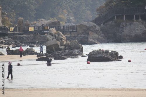 Image of people walking barefoot at Dadaepo Beach in Busan
 photo