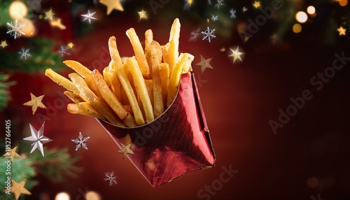 French fries flying christmas background,copy text space