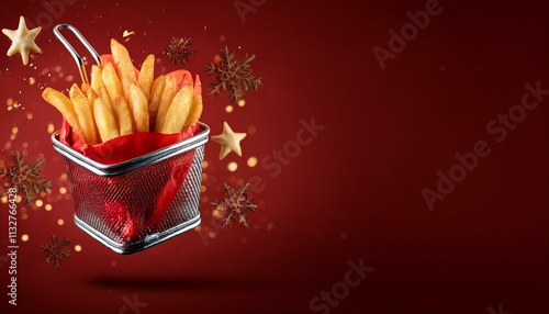 French fries flying christmas background,copy text space