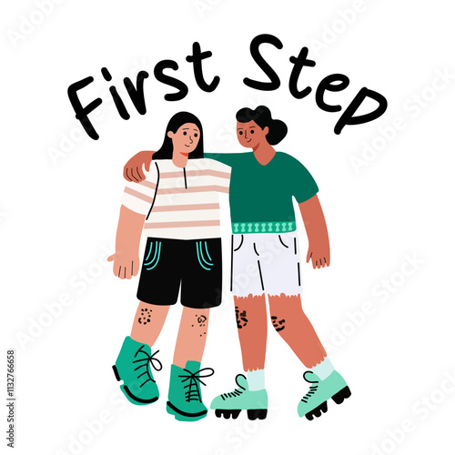 A flat sticker of two friends with first step typography 