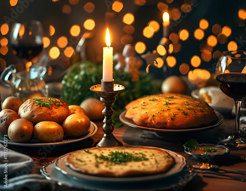 Hanukkah Dinner Table with Lit Menorah and Traditional Dishes photo