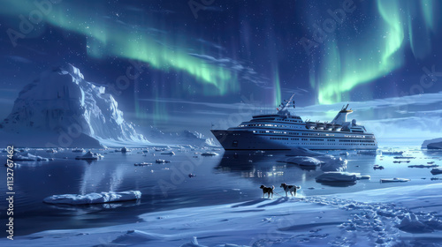 northern winter wonderland with northern lights (aurora borealis) and cruise ship